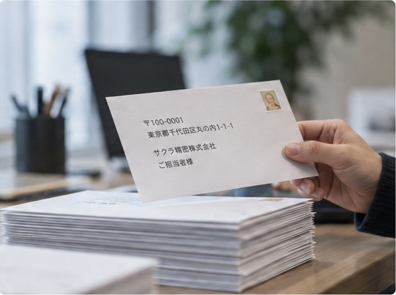 白い封筒の束と、宛名を印刷した1通を持つ手
